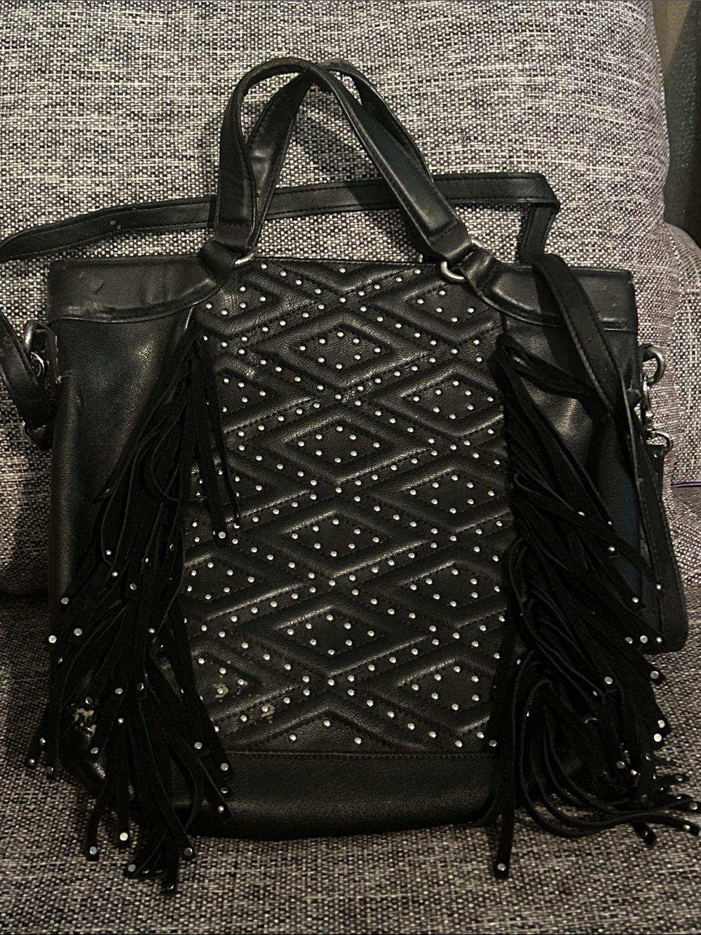 French Connection Black Studded Fringe Tote